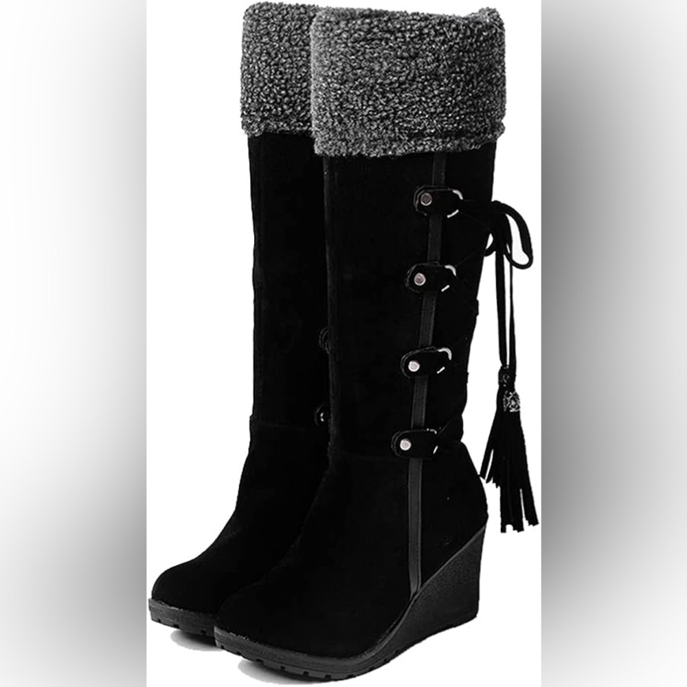Sleek Black Boots with Plush Texture and Tassels